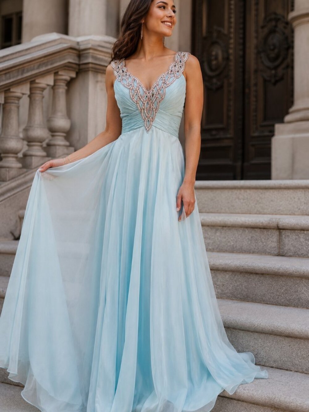Mac Duggal Light Blue Beaded V-Neck Evening Gown
